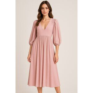 New Mustard Seed Pink Midi Dress With Puff Sleeves & Smocked Shoulders  Size S P